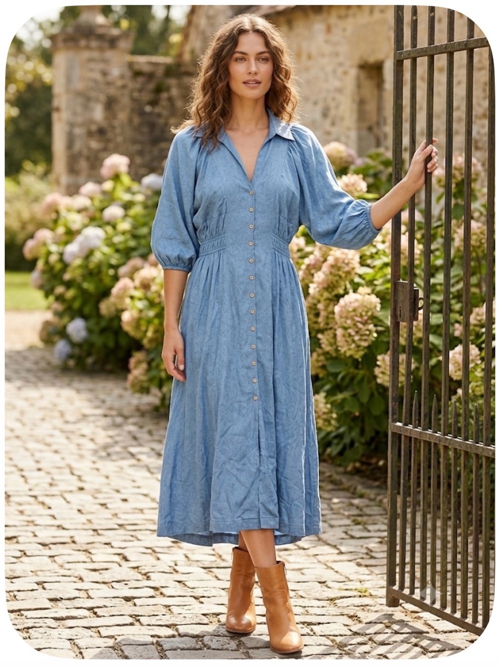 Umgee Sky Blue Button-Front Maxi Dress with Puff Sleeves